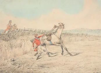 Rider Holding on to a Gray Horse After a Fall