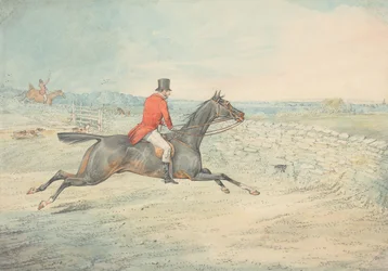 Rider on a brown horse going at a wall