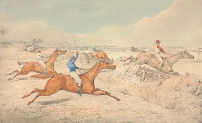 Steeplechasing: Four Riders Taking a Ditch and an Oxer