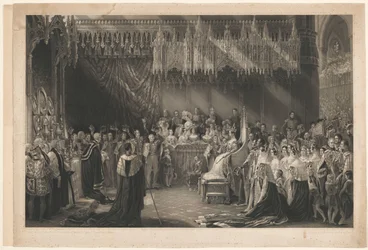 Coronation of Queen Victoria of England. After George Hayter, with address of Graves and Warmsby. Woodcut sketch and legend included
