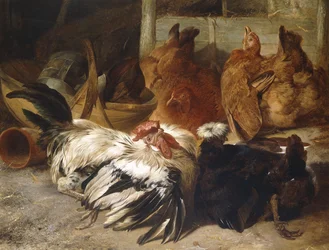 A Silver-Grey Rosecomb Cock and a White-Crested Black Poland with Two Buff Hens