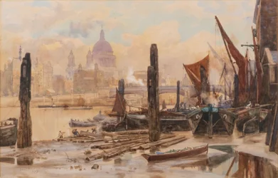 Moored Thames Barges; St Pauls and Blackfriars Bridge in the Distance