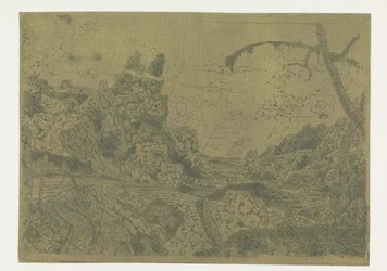 Mountain Valley, at the Right a Man Carrying a Stick