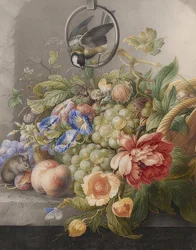 Flower Still Life, Fruits, a Great Tit, and a Mouse. Around 1700-10