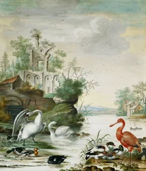 Swans, a Spoonbill, a Mallard, a Wigeon and Other Ducks on a River Below a Ruin, 1694