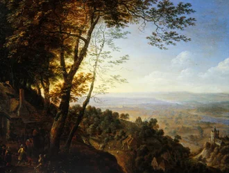 A wooded landscape with peasants by a cottage