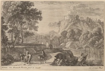 Travelers on Road to Left of a Stream