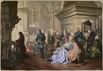 The King of Prussia Frederick II the Great (1712-1786) Listens to the Composer Johann Sebastian Bach Playing at Court, Engraving After a Painting by Kaulbach - Frederick II the Great, King of Prussia, Listening to Johann Sebastian Bach at the Organ, Sansso