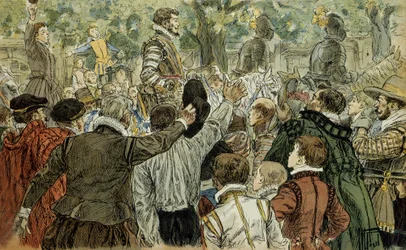 Henri de Guise (1549-1588), leader of the Catholic League, applauded by the Parisians after the Day of the Barricades (12 May 1588). Illustration from 1907 by Hermann Vogel (1856-1918). Private collection.