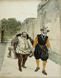 Henry IV (1553-1610) and Charles de Lorraine, Duke of Mayenne (1554-1611). First reconciliatory meeting between the two enemies, Mayenne, leader of the Leaguers, and the king, in the gardens of the Château de Montceaux in Brie in 1596. Illustration