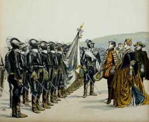 Joan of Albret and her son Henry IV before her Protestant troops