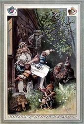 Kinder und Hausmärchen (Tales of Childhood and the Home) (1812): the fables of the Brothers Grimm. Cover by Hermann Vogel 1894 representing Snow White and the Seven Dwarfs.