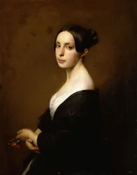Portrait of a Lady, Half Length Wearing a Black Dress and Holding a Carnation