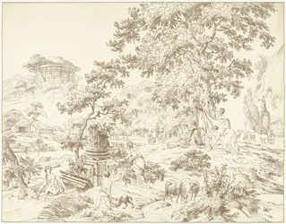 Arcadian Landscape with Bathing Woman
