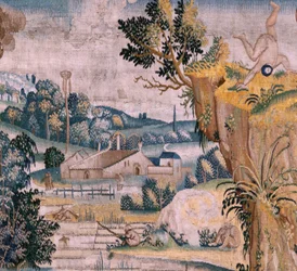 Flemish tapestry. Series Four tapestries after Hieronymus Bosch. Saint Anthony in prayer. Second tapestry in the series. Model Inspired by the work of Hieronymus Bosch. Manufacture Unknown workshop, Brussels. Before 1560