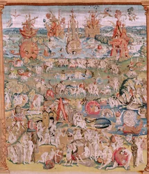 Flemish tapestry. Series Four tapestries after Hieronymus Bosch. The Garden of Earthly Delights. Fourth tapestry in the series. Model Inspired by the work of Hieronymus Bosch. Manufacture Unknown workshop, Brussels. Before 1560. Fabric Wool