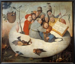 The Concert in the Egg. Satire of alchemy symbolized by the philosophical egg. Painting after Hieronymus van Aken, known as Hieronymus Bosch (1450-1516). 15th century. Dimensions: 1.08 x 1.26 m. Lille, Museum of Fine Arts