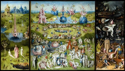 The Garden of Earthly Delights (left panel: Creation of Adam and Eve, central panel: lovers enjoying fruits, right panel: Hell)