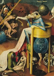 The Garden of Earthly Delights: Hell, right wing of triptych, detail of blue bird-man on a stool, c. 1500 (detail of 3425)