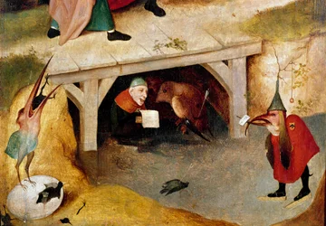 Triptych of temptations (detail). Left side: the flight and fall of Saint Anthony the Great. Painting by Hieronymus Bosch