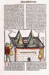 Illustration of a late 15th century distillery to extract the essential oils of plants