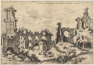 View of ruins on the Palatine Hill with trabeated facade at left and arcades at center