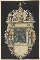 Draft for an Epitaph with the Crucifixion of Christ. A Richly Ornamented Frame with Numerous Figures