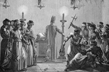 Ritual murder committed by the Danites, according to the allegations of the Mormon opponents, drawn by David and engraved by A. Gusmand