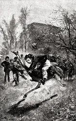 The young Service is riding on an ostrich. Engraving