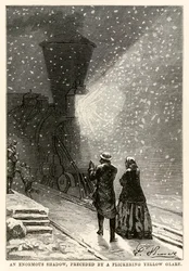 An enormous shadow, preceded by a flickering yellow glare, from Around the World in Eighty Days by Jules Verne, engraved by Adolphe François Pannemaker, 1873