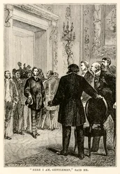 Here I am gentlemen, said he, from Around the World in Eighty Days by Jules Verne, engraved by Henri-Théophile Hildebrand, 1873