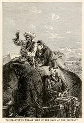 Passepartouts uneasy ride on the back of the elephant, from Around the World in Eighty Days by Jules Verne