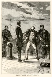 Pirate! cried Andrew Speedy, from Around the World in Eighty Days by Jules Verne, engraved by Louis Dumont, 1873