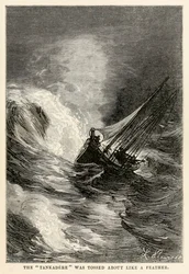 The Tankadere was tossed about like a feather, from Around the World in Eighty Days by Jules Verne, engraved by Adolphe François Pannemaker, 1873