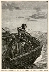 The young woman, sitting in the stern, was lost in contemplation, from Around the World in Eighty Days by Jules Verne