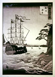 A black European ship at the coast of Tsushima