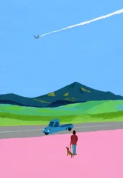 Airplane and Pickup Truck and Dog and Meadow