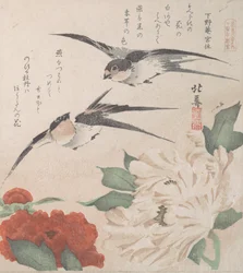 Spring Rain Collection Harusame shu, vol. 3: Swallows and Peonies, ca. 1820
