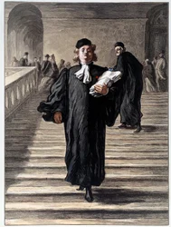 A lawyer in a dress at the courthouse. Lithograph by Honore Daumier