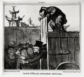 Arrival in Peking of American ambassadors. In series En Chine, illustration by Honore Daumier, published in Charivari, dated 13 October 1859