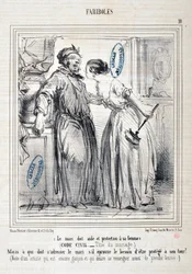 Fariboles: “-The husband owes aid and protection to his wife (Civil Code - Title of marriage) -But who must address the husband if he feels the need to be protected in turn? (Note by an artist who is still a bachelor)” Engraving by Honore Daumier. Extract 
