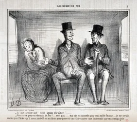 Charivari dates from 1857: Serie LES RAILWAYS It seems to me that we will derail!... Are you afraid on the railroad?... me not... my life is insured for one hundred thousand francs... I do not even want to worry th
