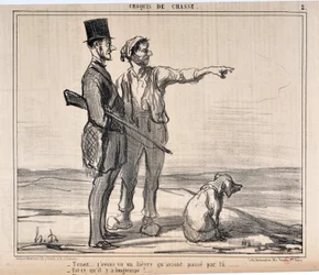 Artwork by Honore Daumier (1808-1879) Charivari dates from 1857: Serie sketches de chasse Hold... j