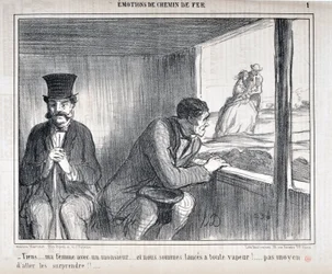 Artwork by Honore Daumier (1808-1879) Charivari dates from 1858: Serie EMOTIONS EN Chemin de fer - Tiens... ma femme avec un monsieur... et nous sommes lances a toute vapeur!... no way to go surprise them!!... MUSEUM OF FINE ARTS - PALACE LONGCHAMP, MARSE
