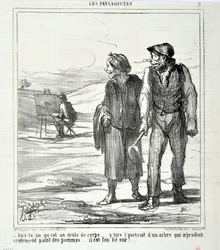 The Landscapists: “-In this one that is a funny body... draws a portrait of a tree that does not produce only apples... he is crazy about!” Engraving by Honore Daumier. Extract from the newspaper “Le Charivari”