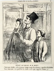 Sketches Taken at the Salon: In front of a painting by Manet “-Why the devil is this fat red woman in a shirt called Olympia? -But my friend, maybe the black cat is called that?” Engraving by Honore Daumier. Extract from the newspaper “Le Charivari”