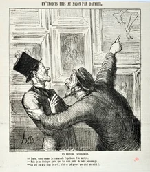 Sketches Taken at the Salon: A whimsical painter. “Here, see how I understand the apotheosis of a martyr... -But I can see only the two feet of your person. -The head is already in heaven” Engraving by Honore Daumier. Extract from the newspaper “Le Chariva