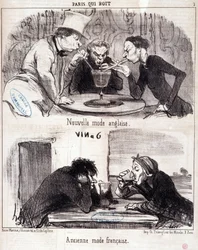 Cartoon about gastronomic abuse. “Paris who drinks” series: new English fashion and old French fashion. Engraving by Honore Daumier. Extract from the newspaper “Le Charivari” 23 June 1852