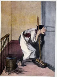 Concierge Looking Through a Keyhole - Drawing by Daumier
