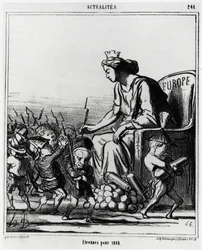 Europe: foreign for 1868. Europe distributes guns and cannons to each representative of the countries, recognizable by their hat. Illustration by Honore Daumier, published in 
